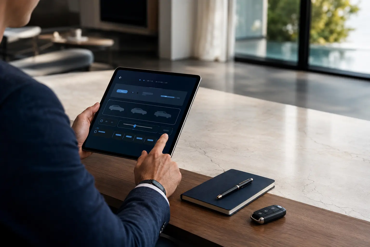 Client reviewing vehicle priorities and a shortlist on a tablet