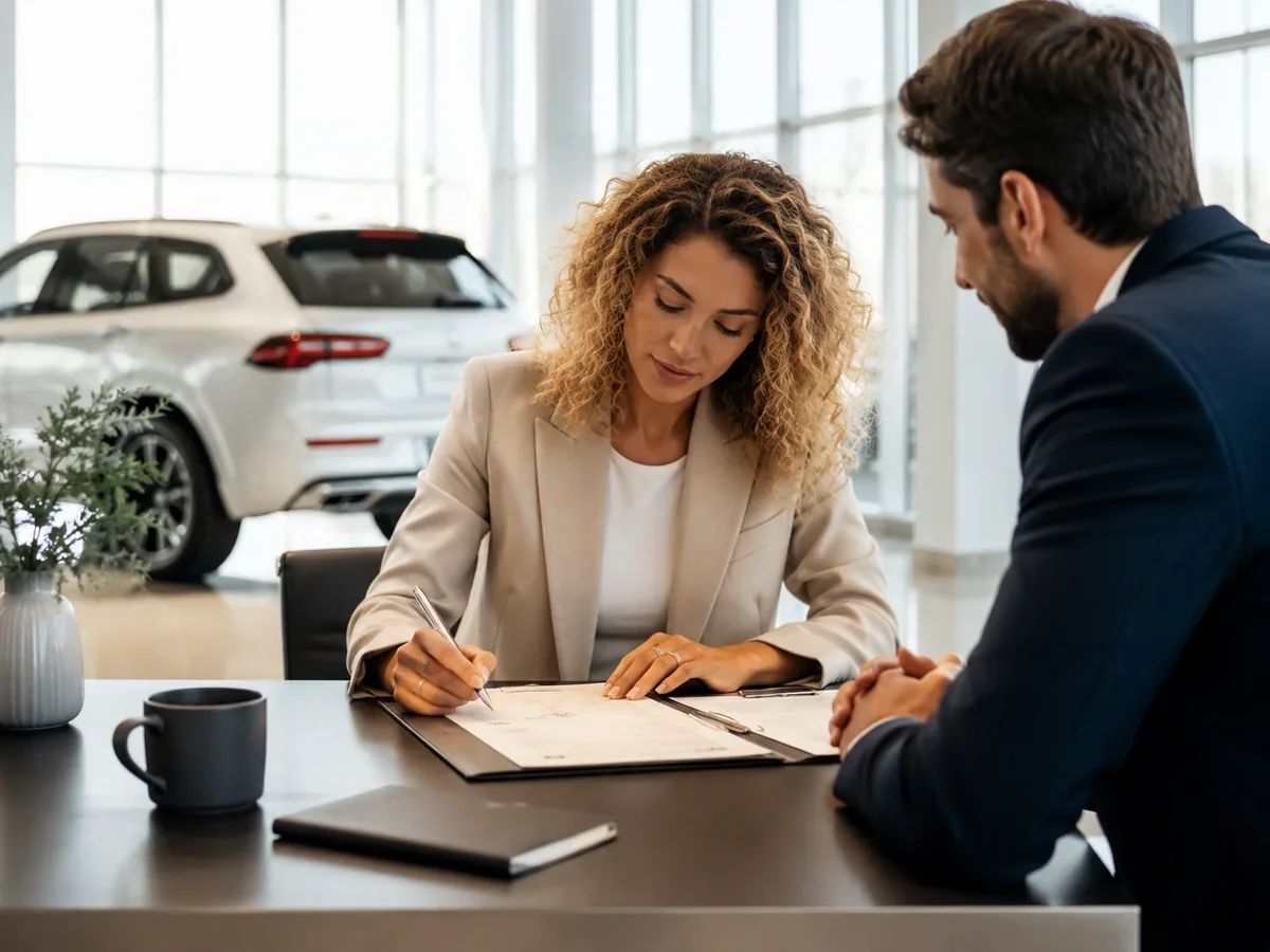 Client reviewing and signing vehicle protection and warranty paperwork with an advisor